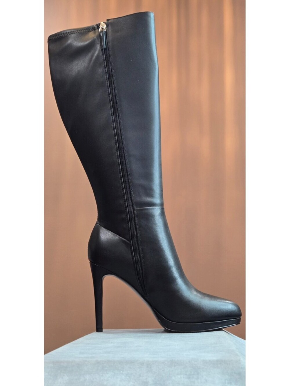 Nine West - QUIZME WIDE CALF, Black REAL leather/stretch knee boots, 4.5", SZ 8